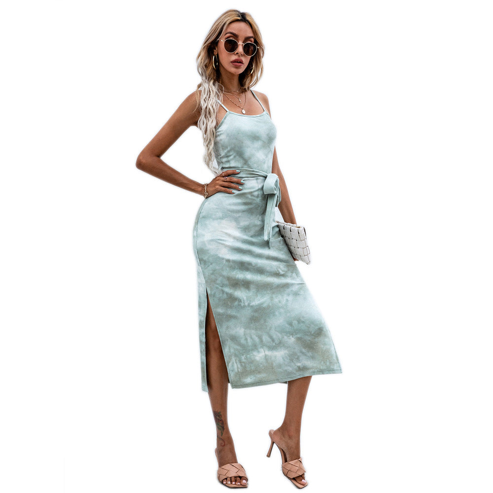 Spot Women Clothing Sexy Slit Strap Tie-Dyed Dress Lace-up A- line Knitted Midi Dress