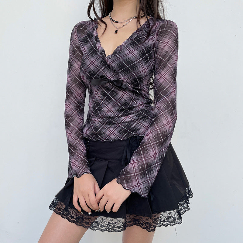 Sexy Small V neck Plaid Color Matching Mesh Light T shirt Bow Slimming Lace Short Top