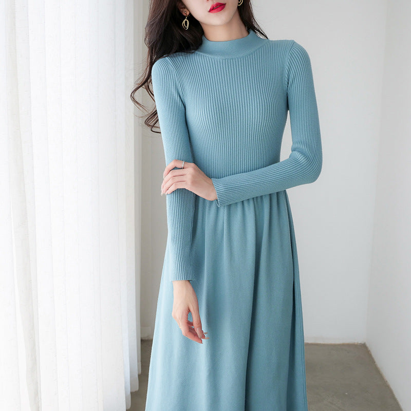 Spring Autumn Half Turtleneck Knitted Dress Women Clothing Waist Controlled Mid Length Sweater Dress Outerwear Bottoming Dress