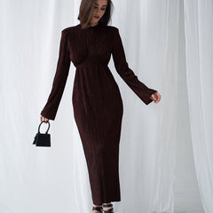 Spring Maxi Dress round Neck Hollow Out Cutout Sexy Elegant Dress Backless Slim Fit Long Sleeve Pleated Dress for Women