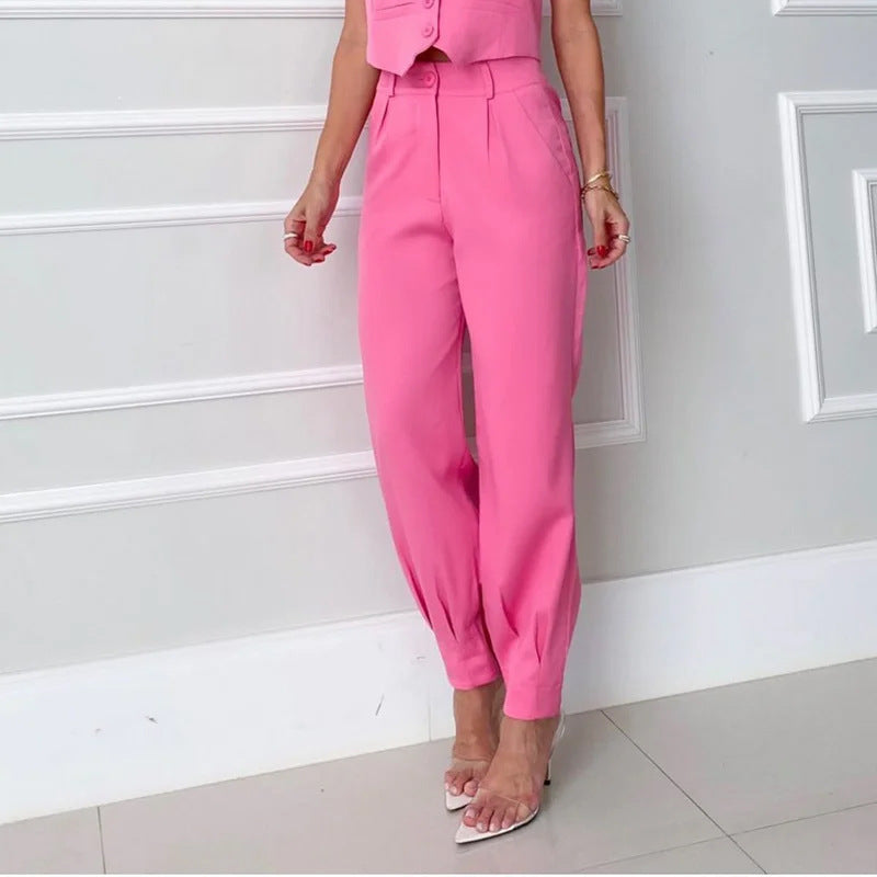 Women’s Summer Casual V Neck Sleeveless Top and Wide Leg Trousers Set