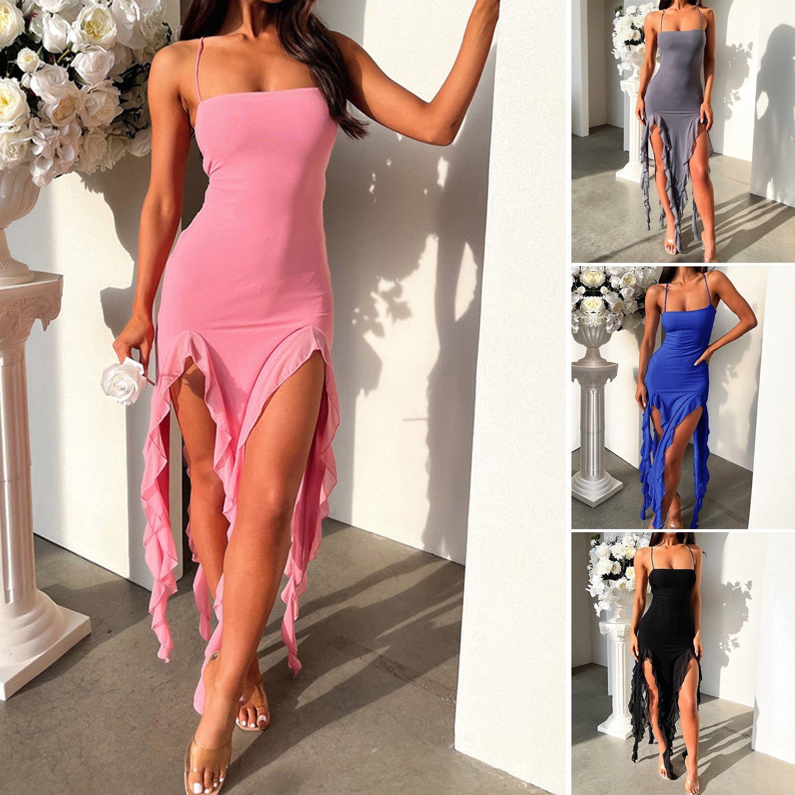 Women Clothing Spring Summer Sexy Solid Color Slim Dress