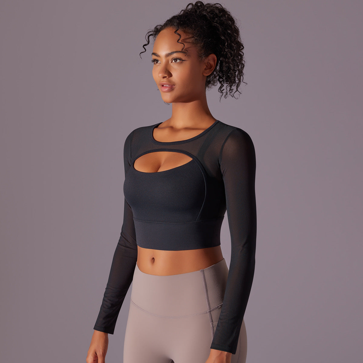 Sexy Mesh Yoga Clothes Long Sleeve Chest Pad Running Sports Bra Top