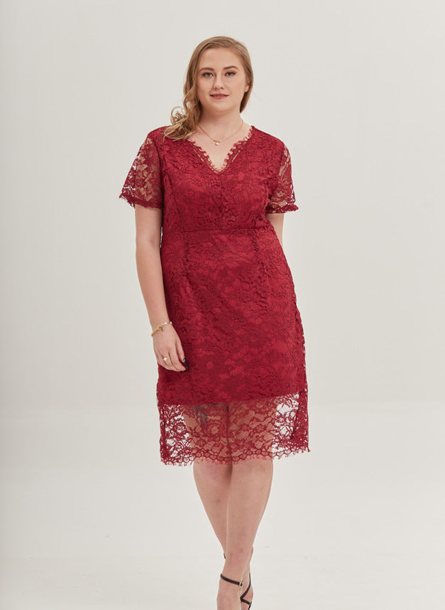 Plus Size Sexy V neck Lace Dress Women Clothing Cocktail Evening Dress