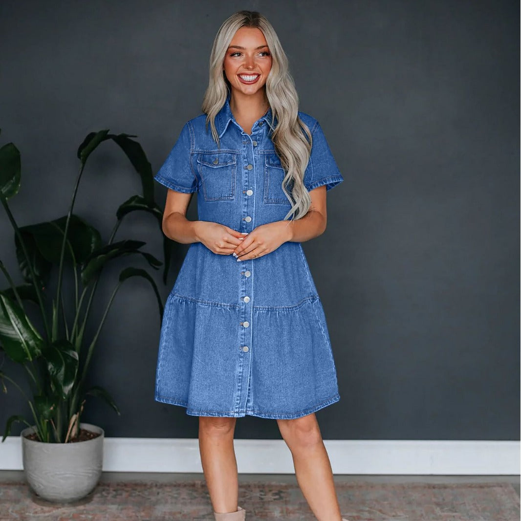 Summer Short Sleeve Collared Casual Women Denim Dress