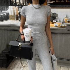 Round Neck Rib T Shirt Casual Trousers Spring Summer Tight Short Sleeve Top Trousers Simple All Match