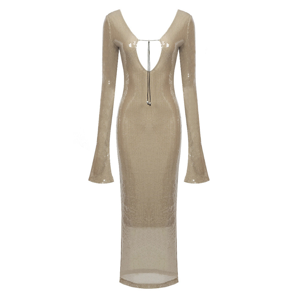 Beige Transparent Sequined V neck Backless Bell Stretch Dress Autumn Winter Women Catwalk Two Way Wear