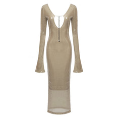 Beige Transparent Sequined V neck Backless Bell Stretch Dress Autumn Winter Women Catwalk Two Way Wear