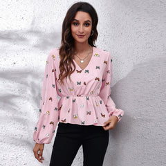 V Neck Cinched Plaid Floral Print Lantern Sleeve Chiffon Shirt – Women’s Spring Autumn Clothing