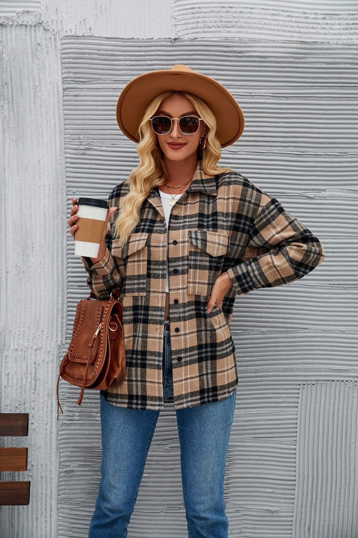 Women’s Casual Button Pocket Plaid Loose Woolen Coat