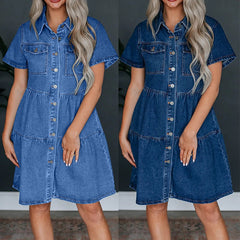 Summer Short Sleeve Collared Casual Women Denim Dress