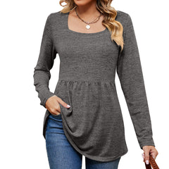 Autumn Winter Solid Color Square Collar Long Waist Controlled Long Sleeves T shirt Top for Women