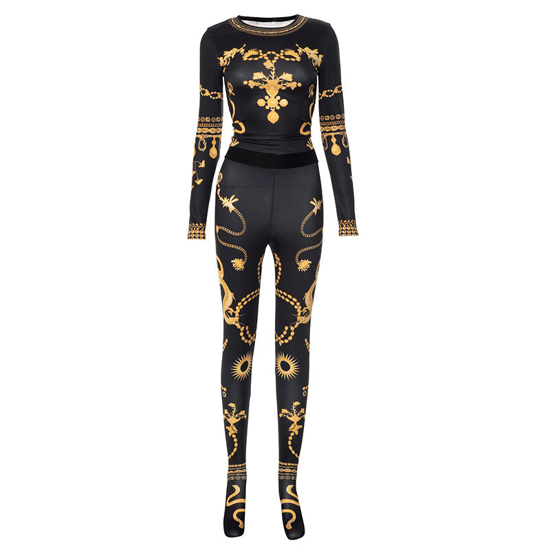 Women’s Spring Positioning Printing Long Sleeve Round Neck Top Body Stocking Trousers Set