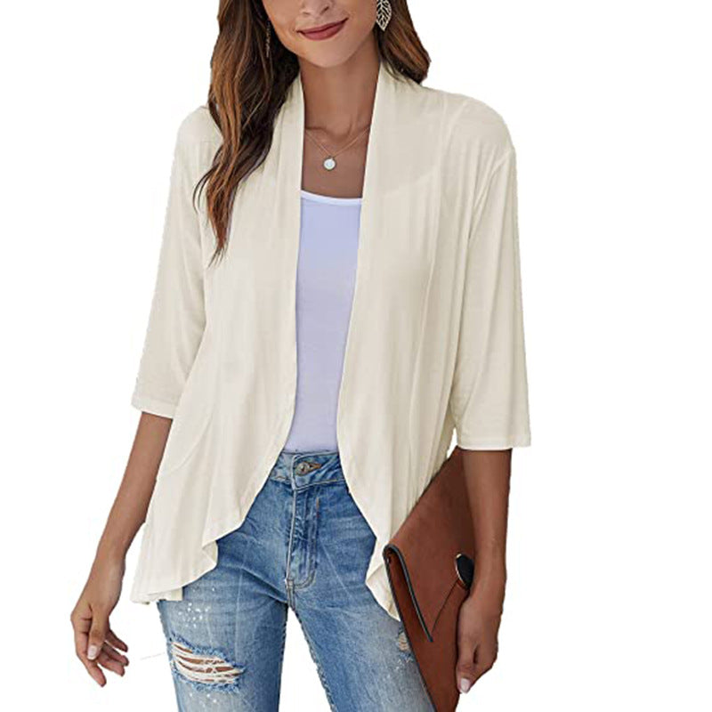 Women Clothing Autumn Solid Color Cardigan 3/4 Sleeve Ruffle Top