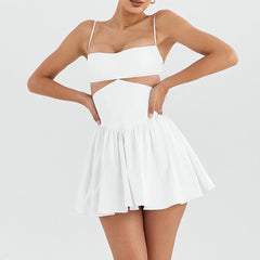 Women Clothing Sexy Cutout Cropped Outfit Suspender Solid Color Slim Fit Backless White Dress Short  Sexy