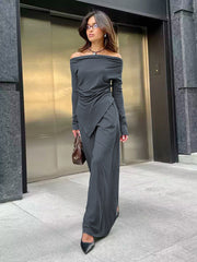 Strapless Ruched Slim Long Sleeve Top Wide Leg Pants Set