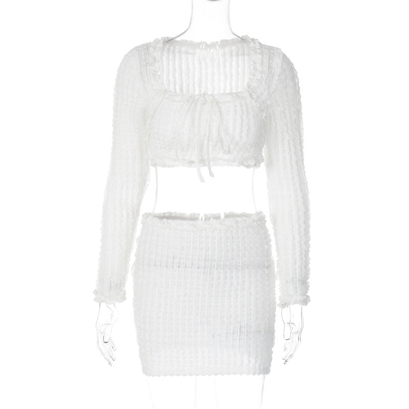 Women’s French Lace Square Collar Long Sleeve Crop Top & Sheath Mini Skirt Set