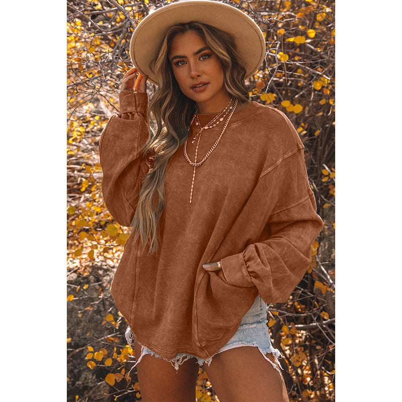 Autumn Solid Color Loose Sweater Women Simple Pullover round Neck Long Sleeves Top Women