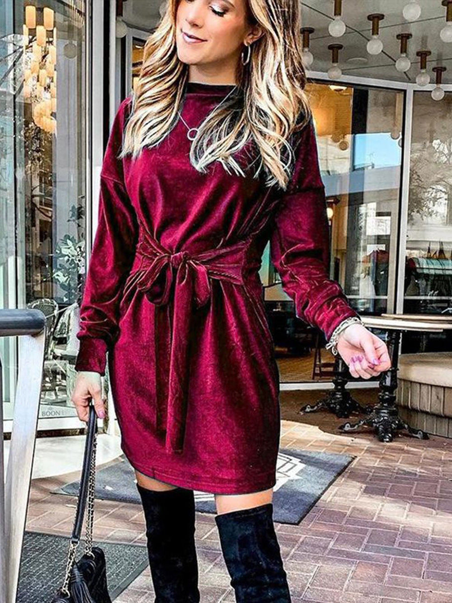 Autumn Winter Party Sexy Dress in Round Neck Tied Gold Velvet A line Dress