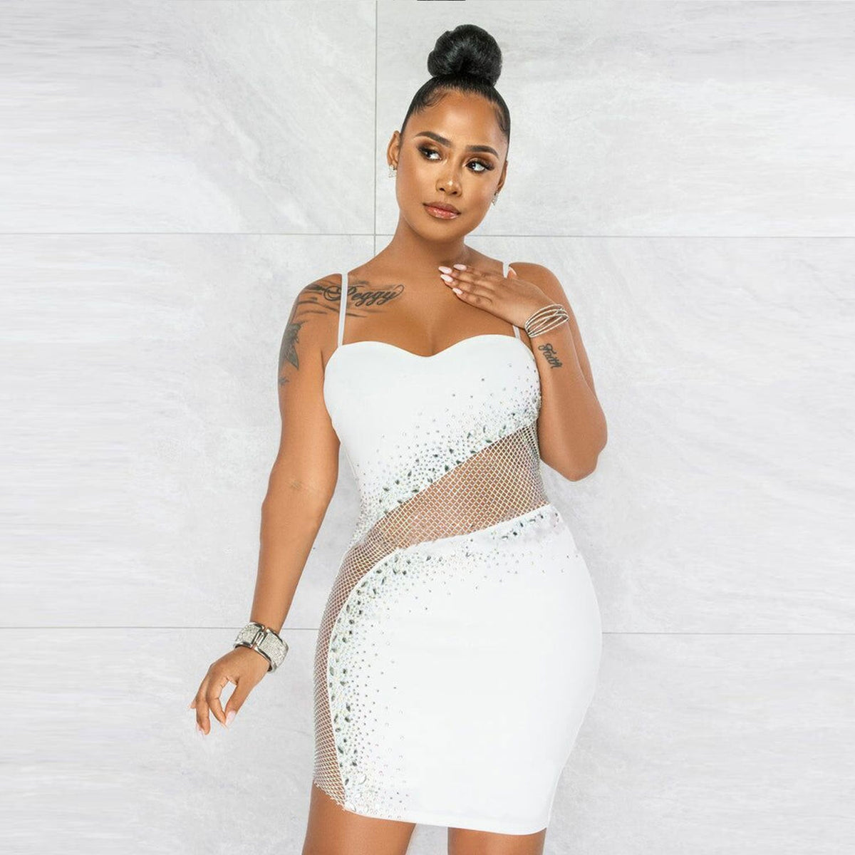 Sexy Slim-Fit Mesh Rhinestone Strap Dress