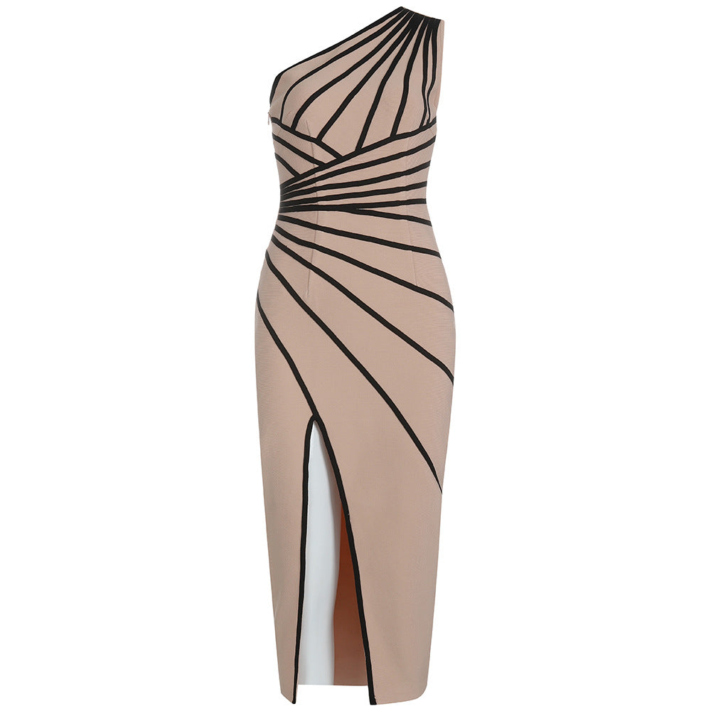 Sexy Slit Oblique Shoulder Striped Bandage Dress One Shoulder Sleeveless Elegant Dress Women Dress