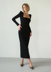 Luxe Long Sleeve Black Midi Dress