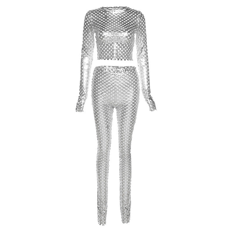 Metallic Coated Fabric Fall Women Clothing Nightclub Performance Long Sleeve Round Neck Net Hole Sexy Tight Trousers Two-Piece Set