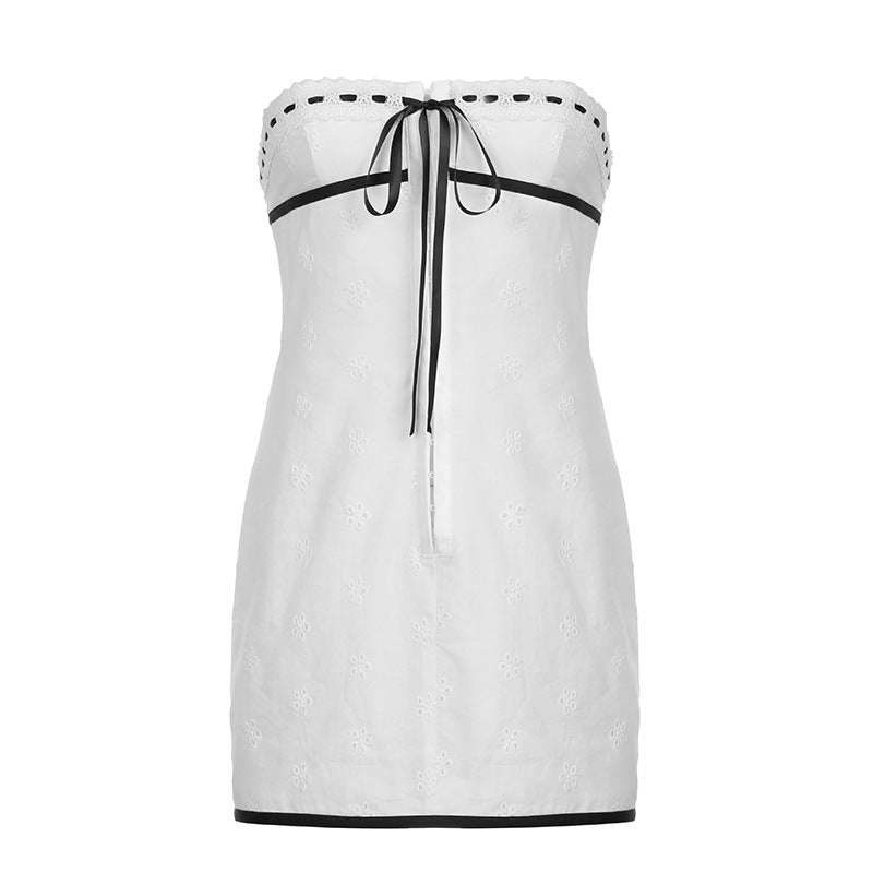 Sexy Black White Contrast Color Stitching off Neck Jacquard Slim Fit Tube Top Dress Elegant Beautiful Back Lace up Dress