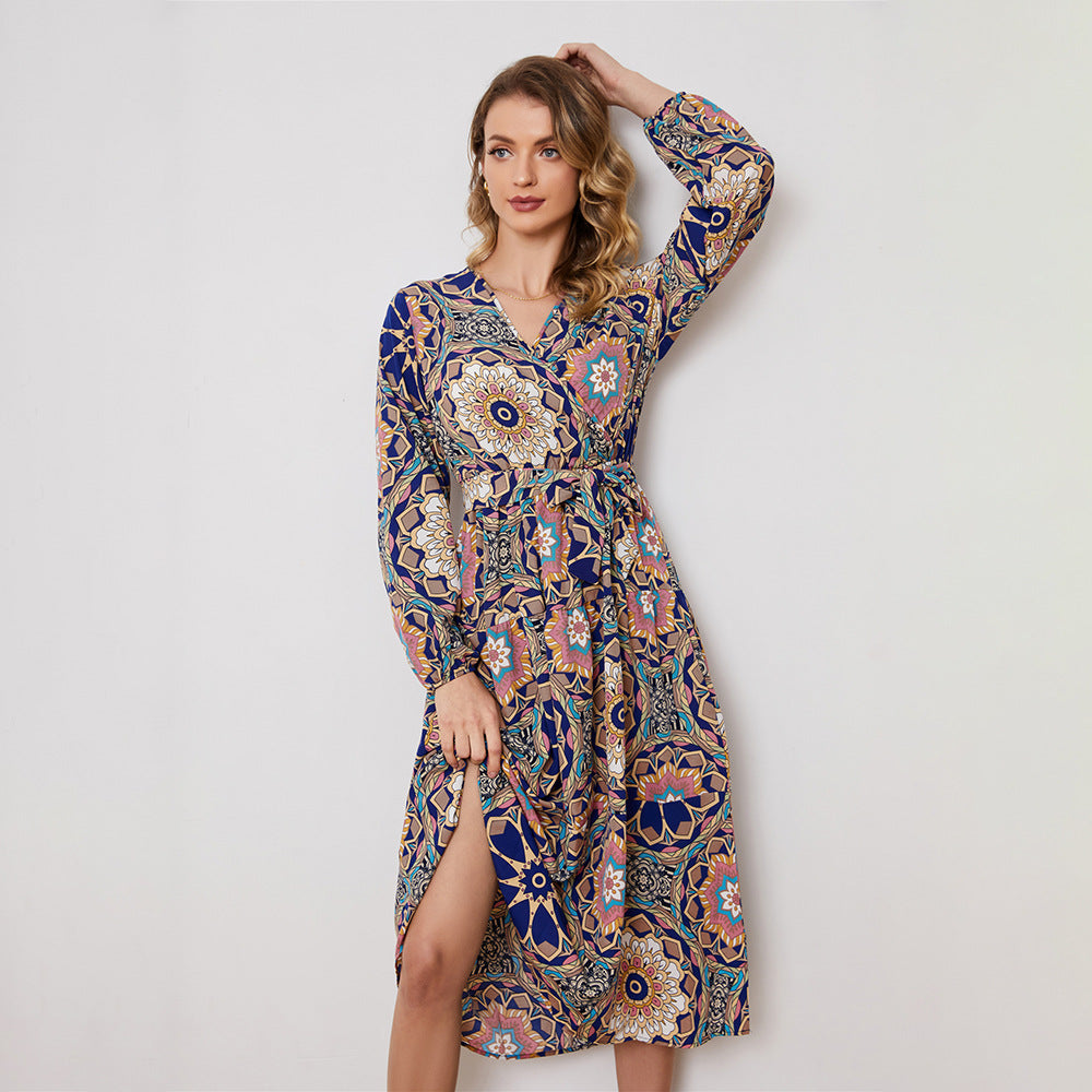 Abstract Holiday Floral Print Lace up Waist Long Sleeve Dress – Waist Controlled