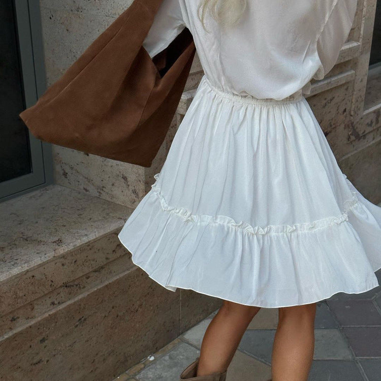 V-neck Pleated Ruffle Waist Long Sleeve Mini Dress