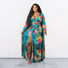 Plus Size Summer Floral Leaf Print Loose Dress with Belt – Stylish and Flattering for Curvy Women