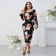 Plus Size Printed Square Collar Tight Waist Sheath Long Sleeve Dress