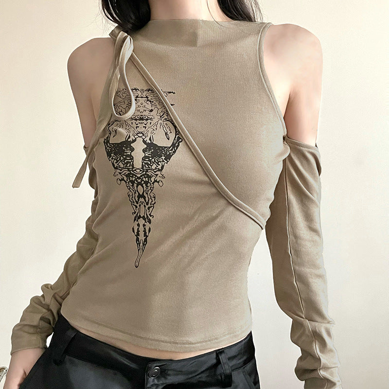 Trendy Abstract Printing Shoulder Digging Long Sleeved T shirt Autumn Sexy Knitted Fitted Waist Lace up All Matching Top