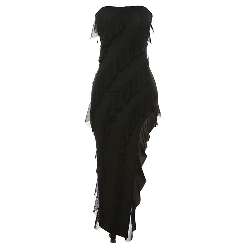 Women’s Summer Tube Top Backless Slit Tassel Dress – Stylish & Trendy