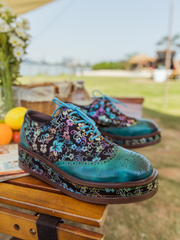 SOFFIA | TEAL FLORAL LEATHER PLATFORM OXFORD