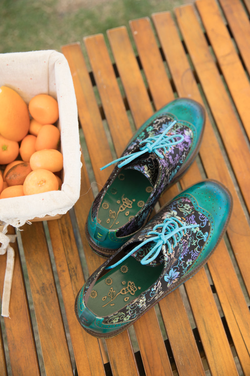 SOFFIA | TEAL FLORAL LEATHER PLATFORM OXFORD