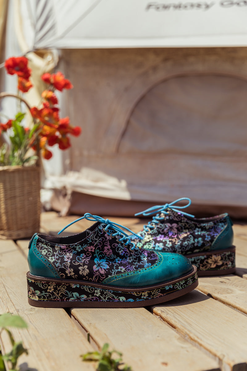 SOFFIA | TEAL FLORAL LEATHER PLATFORM OXFORD