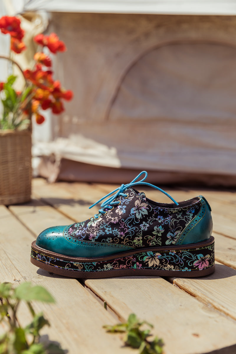 SOFFIA | TEAL FLORAL LEATHER PLATFORM OXFORD