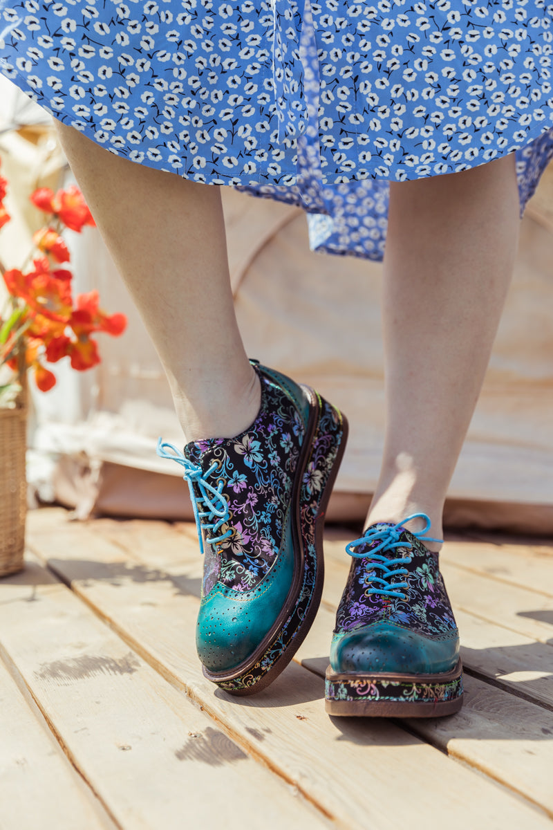 SOFFIA | TEAL FLORAL LEATHER PLATFORM OXFORD