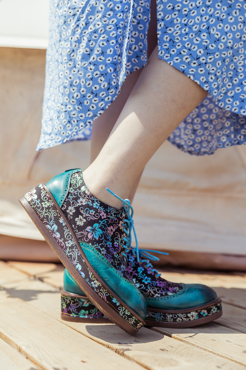 SOFFIA | TEAL FLORAL LEATHER PLATFORM OXFORD