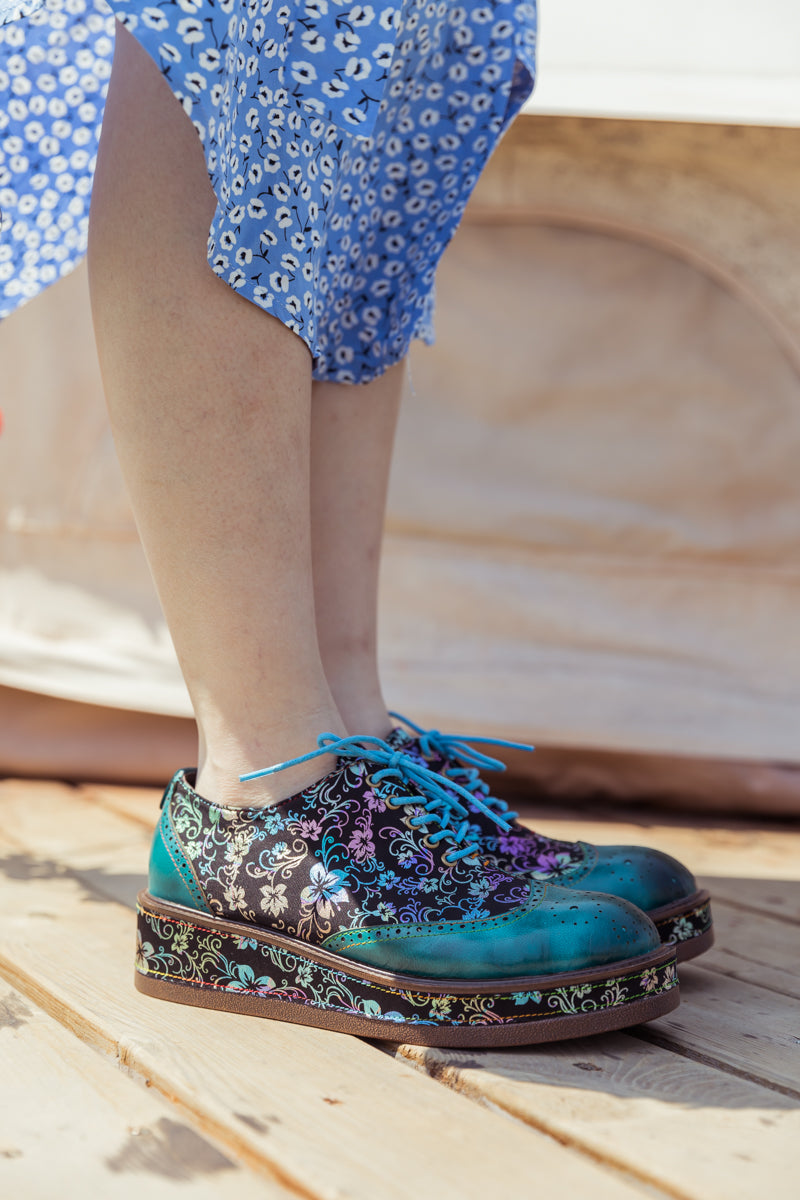 SOFFIA | TEAL FLORAL LEATHER PLATFORM OXFORD