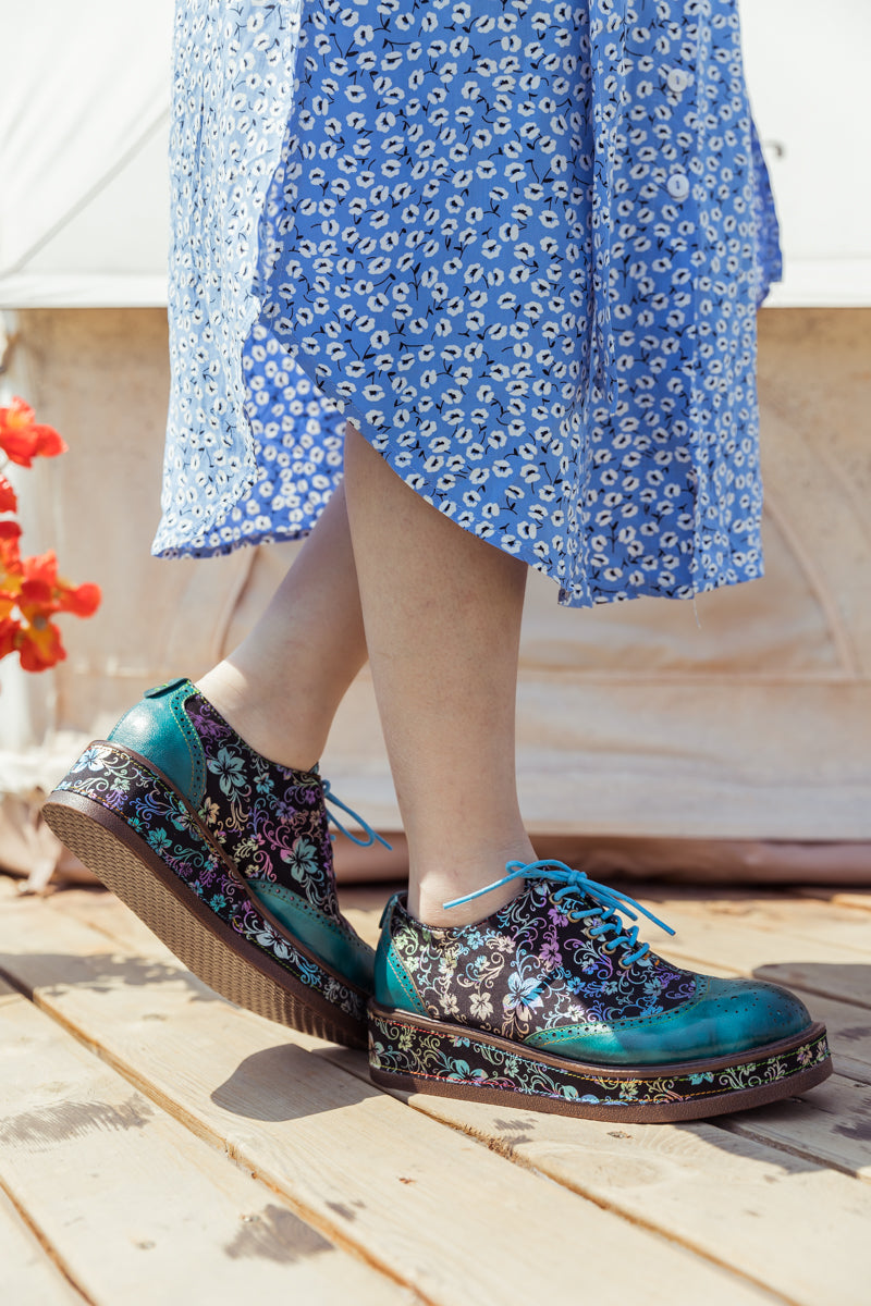 SOFFIA | TEAL FLORAL LEATHER PLATFORM OXFORD