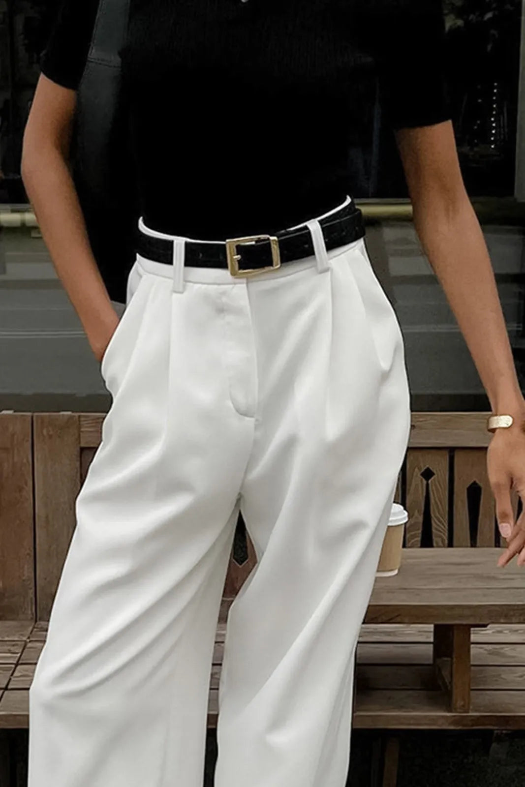 Ohla Solid White Wide Leg Pants Without Belt