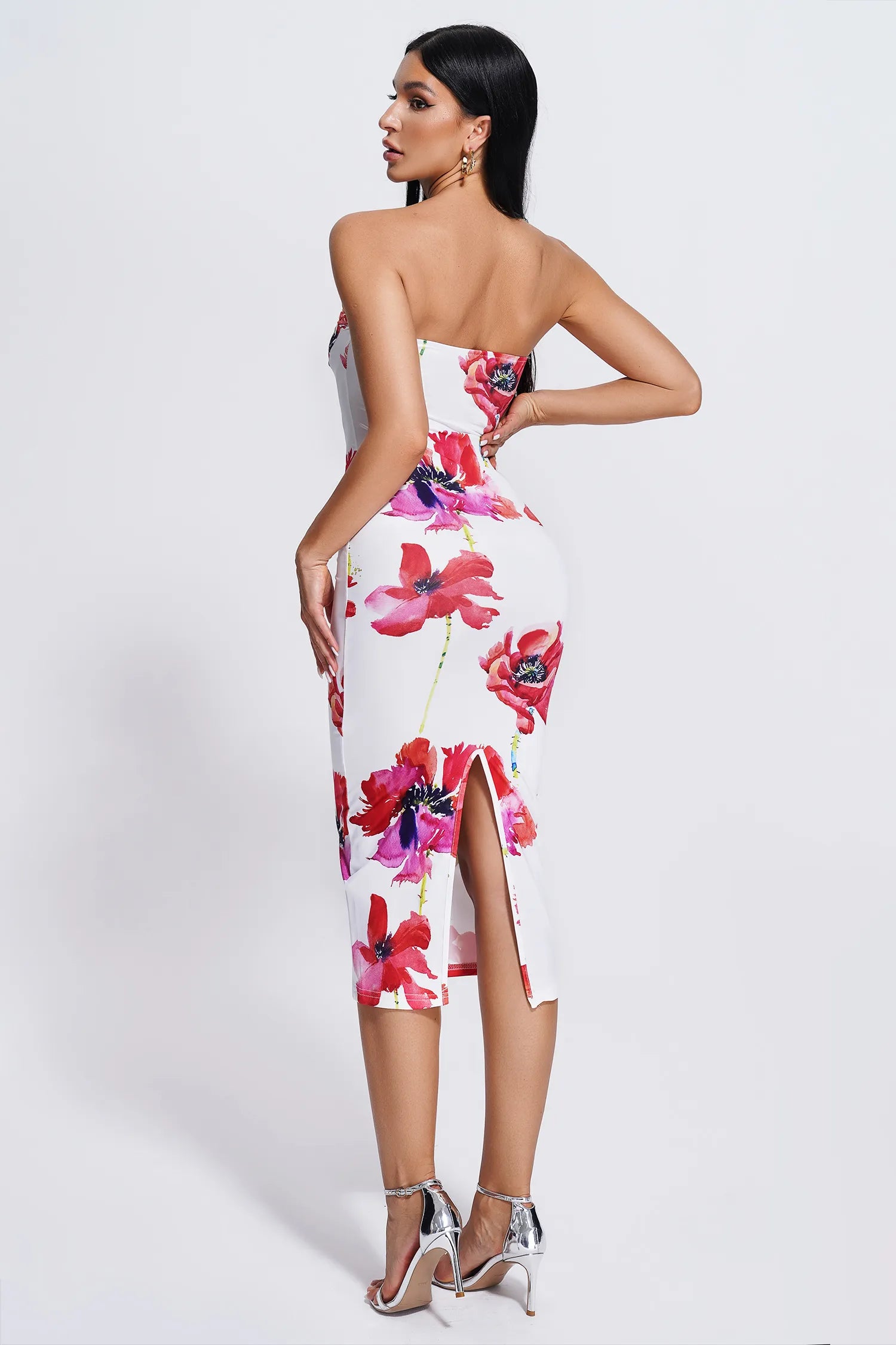 Olga Pink and White Floral Off Shoulder Midi Bodycon Dress