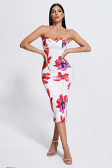 Olga Pink and White Floral Off Shoulder Midi Bodycon Dress