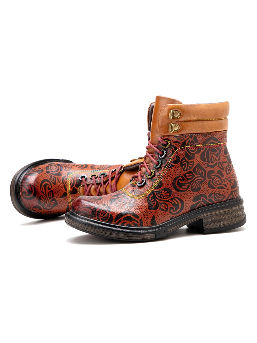 SOFFIA | Genuine Leather Rose Leaf Printed Lace Up Combat Boots