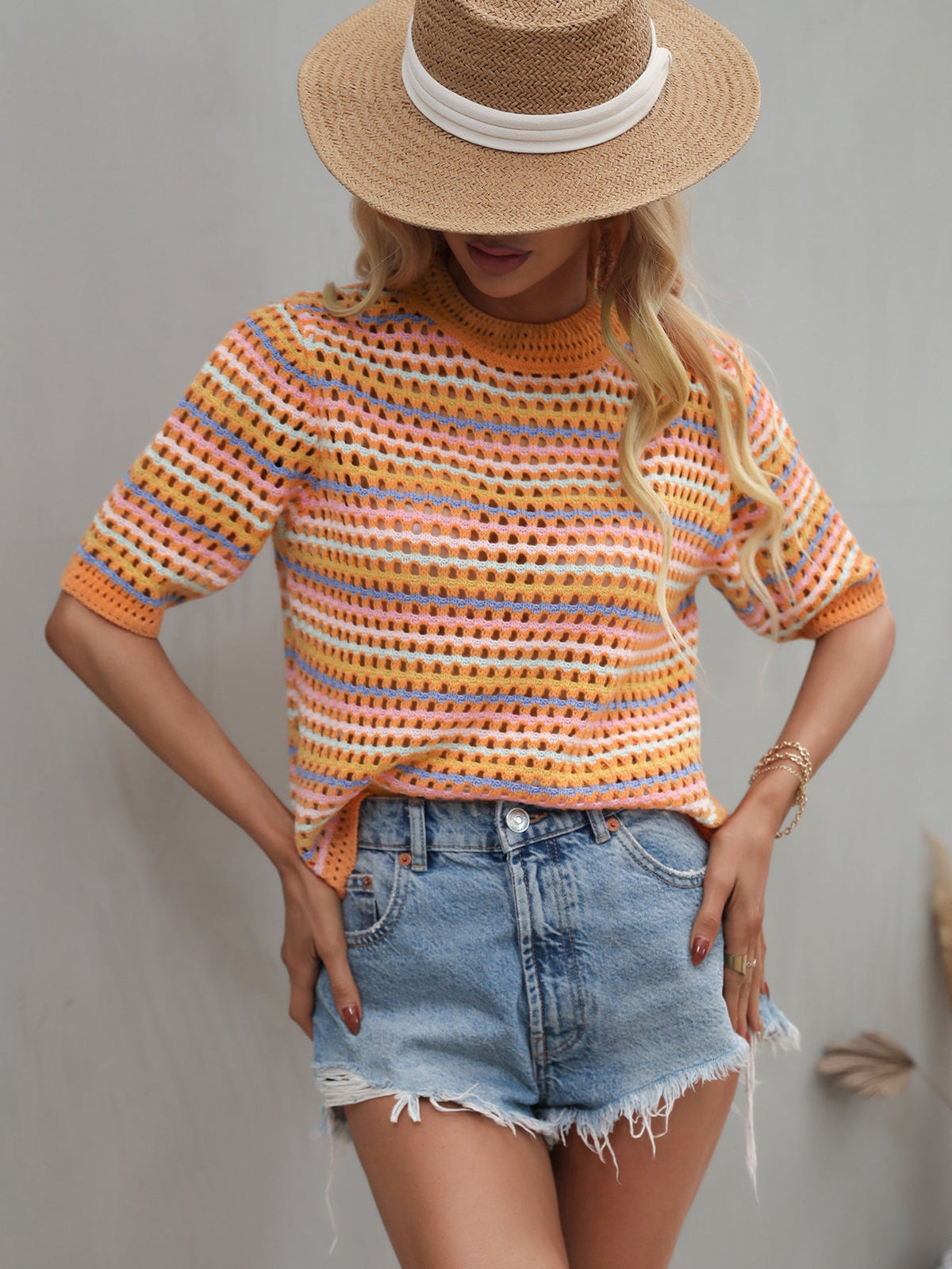 BEE CROCHET KNIT TOP - ORANGE STRIP