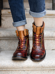 SOFFIA | Genuine Leather Rose Leaf Printed Lace Up Combat Boots