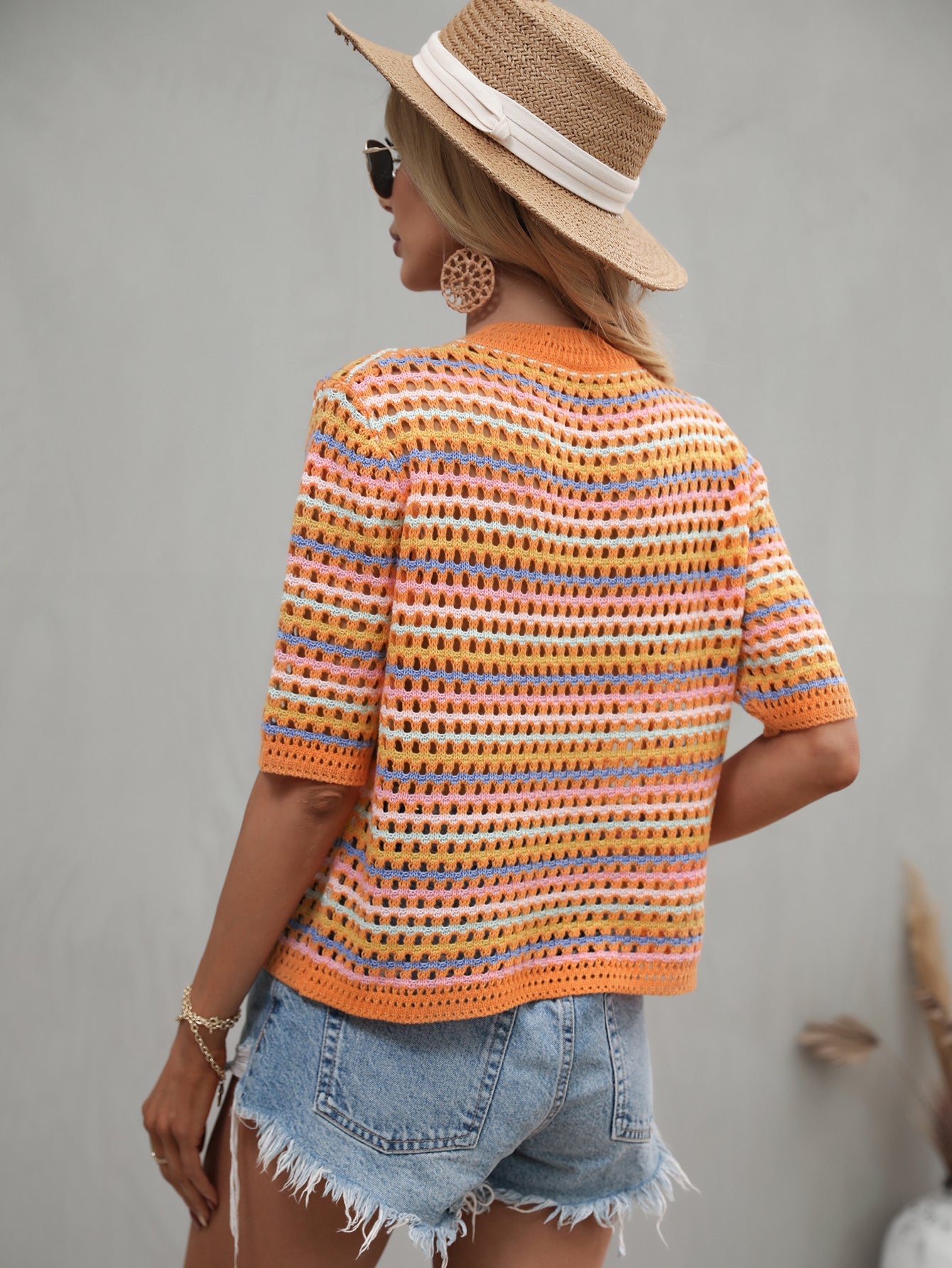 BEE CROCHET KNIT TOP - ORANGE STRIP