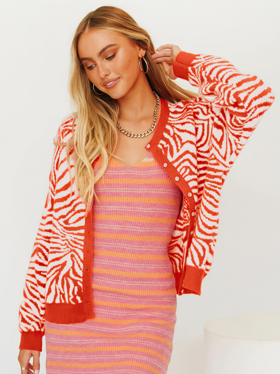 Smaibulun | Tiger Year Animal Patterned Knit Cardigan - Orange